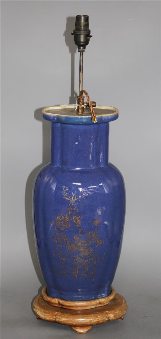 A Chinese blue glazed porcelain lamp base vase, height of the vase 38cm, overall height 62cm